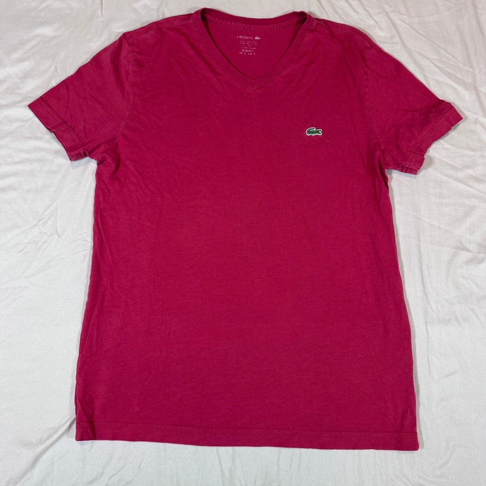 Lacoste Regular Fit V-Neck T-Shirt S Pink Embroidered Crocodile Logo